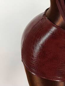 Amplova Mesh Deep Draped Neck Halter Backless PU Patchwork Bodysuit