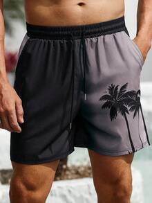 Manfinity Swimmode Men's Swim Trunks, Hawaii Holiday Coconut Tree Ombre 3D Printed Casual Outdoor Beach Shorts, Drawstring Waistband, Single Layer Without Lining, Perfect For Casual, Vacation, Beachwear Men Swim Trunks, Hawaiian