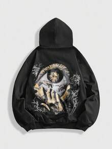 ROMWE MEN Men's Autumn Gothic Print Zip-Up Casual Loose Hoodie Sweatshirt - Black - View 2