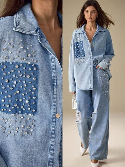 Selenza 优雅女士水钻装饰落肩长袖单排扣牛仔夹克，休闲外套