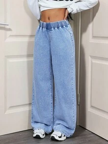 SHEIN Tall 女式低腰休闲百搭阔腿宽松梭织拉绒牛仔裤 - 淺色水洗藍 - 查看 3