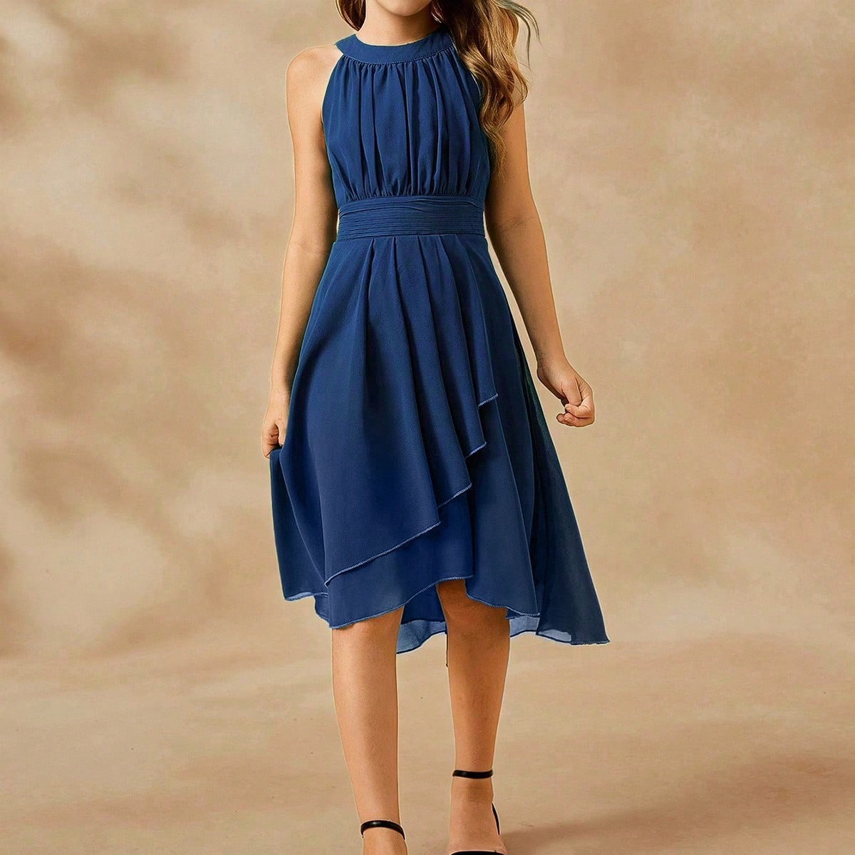 Elegante vestido de niña de las flores para bodas, vestido midi sin mangas con cuello halter de gasa floral para niña preadolescente, vestido de pri