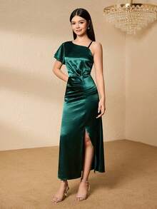 Halloween Luxury Niche Hostess Dress For Teenagers, One Shoulder Long Dress With Slit - Green - View 3