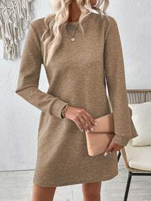 EMERY ROSE Women's Solid Color Casual Long Sleeve Everyday Dress - Khaki - View 7