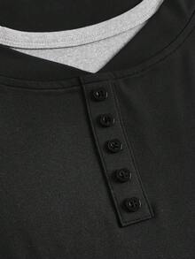 SHEIN Girlism 少女拼色拼接二合一设计T恤，修身休闲风格 - 黑色 - 查看 3