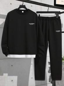 SHEIN 2 件青少年男童休闲字母标语印花二合一圆领卫衣和裤子套装，纯色简约基本百搭，适合通勤、上学、日常休闲、旅行、户外派对、运动、秋冬两件套运动服