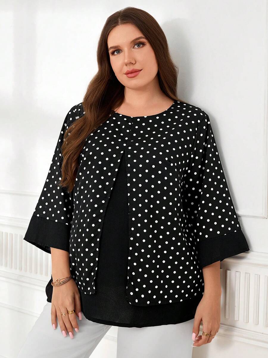 Miaspire Plus Size Women Black And White Polka Dot Print Round Neck 3/4 Sleeve Elegant Casual Grandma Shirt Spring Outfits For Women Summer Outfits For Women