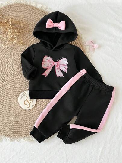 SHEIN 女婴连帽蝴蝶结卫衣，时尚休闲加厚保暖日常穿着，秋冬季