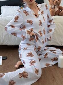 女士休闲可爱小熊印花长袖上衣和裤子睡衣套装，秋冬服装 - 彩色 - 查看 6