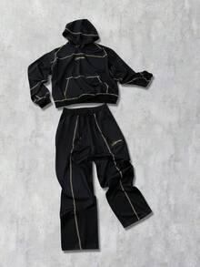 ROMWE MEN 2pcs Men's Hooded Sweatshirt Set With Sweatpants, Suitable For Casual Wear In Autumn/Winter - Black - View 1