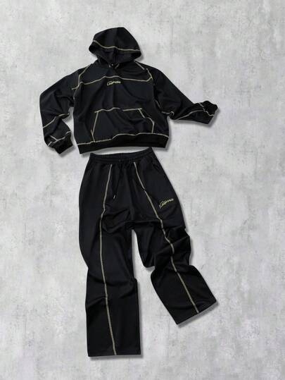 Street Life 2pcs Men's Hooded Sweatshirt Set With Sweatpants, Suitable For Casual Wear In Autumn/Winter