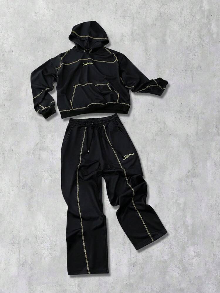 ROMWE MEN 2pcs Men's Hooded Sweatshirt Set With Sweatpants, Suitable For Casual Wear In Autumn/Winter - Black - View 1