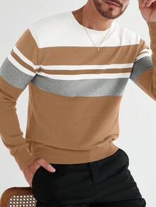 Manfinity Homme 男士条纹圆领长袖休闲毛衣，秋冬 - 駝色 - 查看 4