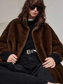 Ontre 女士高领长袖仿皮草长款外套，复古贵族风，奢华显贵，适合情人节、节日、婚礼宾客、冬季必备、派对、正式场合、姐妹聚会、晚宴约会、下午茶、郊游等场合，保暖舒适。 - 咖啡棕 - 查看 6
