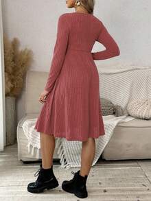 SHEIN Vestido de manga larga con cuello de canalé, botones delanteros y unicolor, para embarazadas, primavera/otoño - Naranja - Ver 2