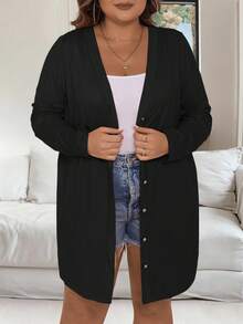 Franclia Plus Size V-Neck Buttoned Long Sleeve Chic Gentle Fashion Relaxed Fit Loose Outerwear Fall Winter Cloth For Women Autumn - Black - View 4