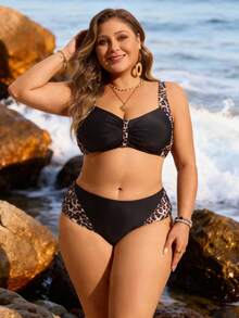 Swim Lushoire Plus Size Leopard Print Patchwork Tankini Swimsuit