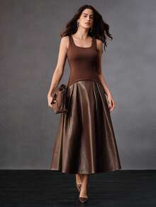 Anewsta Women's Elegant Vintage Elastic Knit Spaghetti Strap Flared Dress, Brown Coffee Color, Suitable For Winter, Christmas, New Year Party - Coffee - View 4