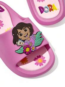 DORA | SHEIN Cute Cartoon Pink Girl Children's Slippers, Toddlers And Children's Quick-Drying Bathroom Slippers, Light And Durable EVA Material, Can Be Worn Indoors, Bathrooms, Playgrounds, Swimming Pools, Beaches And Other Indoor And Outdoor, Flower Pattern - Pink - View 3