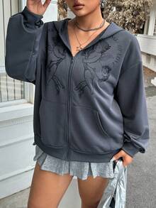 SHEIN EZwear 大码标语及人物图案落肩拉链卫衣，爱的使者，秋冬季 - 深灰色 - 查看 3