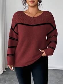 Elenzga Christmas Plus Size Women Sweater, Knitted Hollow Out Ribbed Hem Colorblock Striped Long Sleeve Pullover Casual Versatile Sweater - Burgundy - View 5