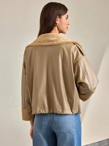 CLARA VERO Cappotto imbottito con colletto in borg, tasche con patta, rivestimento in pelle PU, fodera in pelliccia, giacca in PU di alta qualità, molto morbida e confortevole - Albicocca - Visualizzare 2