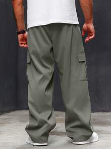 Manfinity Homme Men Plus Size Solid Color Drawstring Cargo Pants With Pocket, Casual Style, Fall - Light Grey - View 2