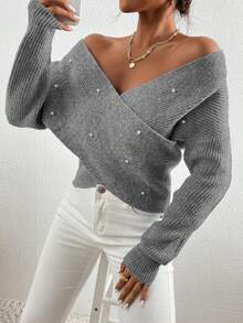 RueChic Suéter de mujer de unicolor con decoración de perlas en cruce, de manga larga y hombros caídos, de moda, para otoño/invierno - Gris Claro - Ver 3