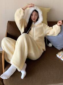 DAZY 加厚抓绒连帽宽松女士睡衣套装，冬季舒适保暖