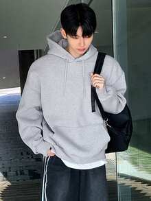 DAZY 男士纯色抽绳连帽落肩运动衫，秋装 - 灰色 - 查看 6