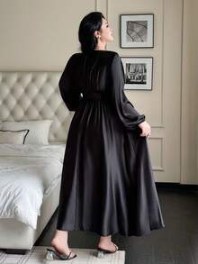 Flirla Vestido ajustado de unicolor, vintage, romántico y elegante con escote en V - Negro - Ver 2