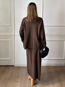 DAZY Conjunto de 2 piezas de vestido sin mangas elegante y cárdigan de mujer, otoño - Café integral - Ver 2