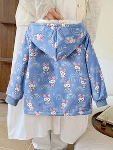 Elladie kids 返校少女卡通兔子印花连帽羊毛夹克，儿童秋冬甜美保暖外套，适合休闲外出、旅行和日常穿着 - 藍色 - 查看 2