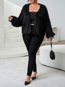SHEIN CURVE+ Plus Size Women's Black Off-Shoulder Front Placket Fluffy Irregularly Cut Sweater Cardigan Autumn Winter Clothes For Women