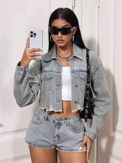 SHEIN ICON 休闲破洞短款牛仔夹克