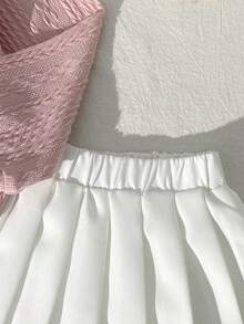 Souflis Souflis 2pcs/Set Baby Girls Elegant Cute Jacquard Textured Cable Knit Long Sleeve Polo Collar Cardigan Top And Elastic Waist Pleated Skirt Set, Suitable For Commuting, School, Casual, Vacation, Sports, Home, 6M-3T, Children Clothing, Infant Apparel, Back To School, Collegiate Style, All Season - Pink - View 8