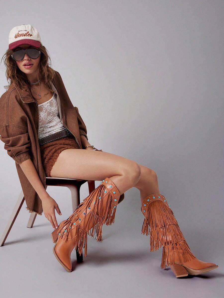 Solezae Ladies Studded Fringe Western Heeled Knee-High Boots - Brown - View 1
