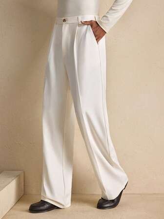 AKNOTIC Men's Solid Color Pleated Loose Straight Casual Pants