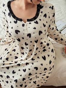 SHEIN 加大码心形印花V领荷叶边中长袖女士睡裙，冬季 - 米色 - 查看 4