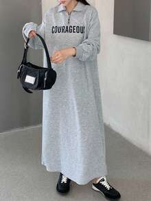 SHEIN Áo đầm nỉ dài tay in chữ màu xám cho bé gái tuổi teen, kiểu dáng thường ngày, dễ phối đồ, phù hợp cho mùa tựu trường, thu/đông. - Xám - Xem 3