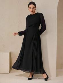 Graceveil 女式雪纺圆领褶皱喇叭形收腰长裙 - 黑色 - 查看 6