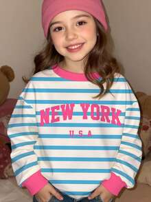 Emery Rose Kids Emery Rose Kids Happikins Toddler Girls/Little Girls Casual Minimalist Blue Striped With "NEW YORK" Text, Contrast Pink, Back To School, Collegiate Style, Loose Fit Crew Neck Comfortable Knit Long Sleeve Sweatshirt, Suitable For Autumn/Winter Fall - Multicolor - View 2