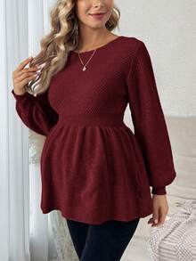 SHEIN Maternity Casual Solid Color Lantern Sleeve Sweater, Versatile For Autumn/Winter - Rose Red - View 5