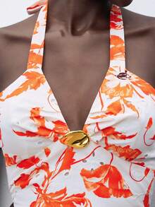 Maija 2025夏季新款V领系带蝴蝶结金属装饰上衣和印花迷你裙两件套，性感度假装 - 彩色 - 查看 8