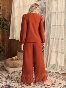 Lullawish مجموعة بيجامات نسائية كاجوال فضفاضة من الدانتيل والرقعة، مناسبة للخريف وعيد الميلاد - بني - مشاهدة 2