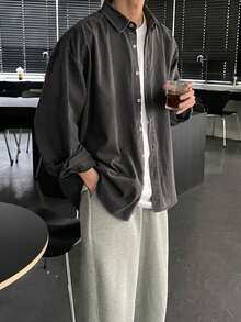 DAZY Men's Solid Color Long Sleeve Casual Single Breasted Shirt, Autumn, For Fall - Dark Grey - View 7