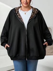 SHEIN CURVE+ Women's Casual Streetwear Leopard Print Warm Lined Hooded Sweatshirt In Plus Size, Black With Side Pockets, Autumn And Winter Styles Fall Vacation - Black - View 3