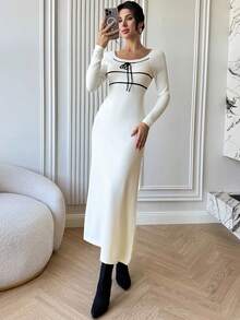 Firerie Damen Neues elegantes, sexy, schlankes Zugband A-Linien Maxikleid mit quadratischem Kragen, Kontrastfarbenes Pulloverkleid, tailliertes A-Linien Kleid, Frühling Herbst Winter Bekleidung, geeignet für elegant, Lässig, Büro, Alltag, Date, Urlaub - Aprikosenfarben - Übersicht 6