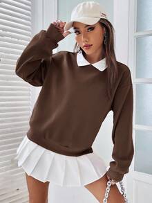 SHEIN EZwear 女士休闲拼色圆领落肩套头衫，咖啡棕色，适合返校、毕业、女教师、秋冬季 - 咖啡棕 - 查看 5