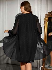 EMERY ROSE 大码女式不对称前开式夹克和波尔卡圆点印花无袖连衣裙优雅两件套 - 黑色 - 查看 2